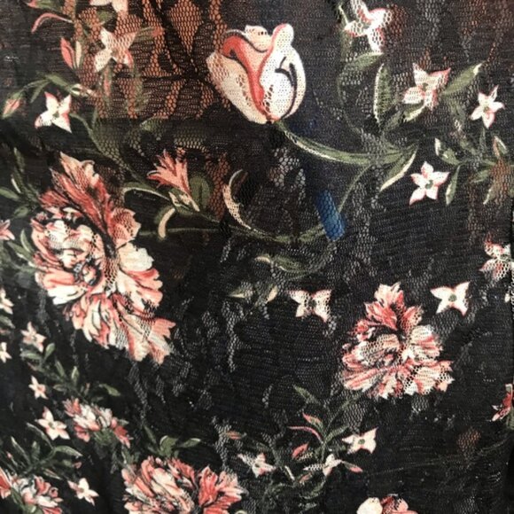 SFERA Spain NEW Lace Floral Sheer Boho Flare Bell Sleeve Peplum Stretch Top Rose - Picture 7 of 15